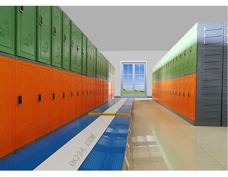 二层塑料更衣柜储物柜案例：翠竹绿+缤纷橙+感应锁+ABS长条凳